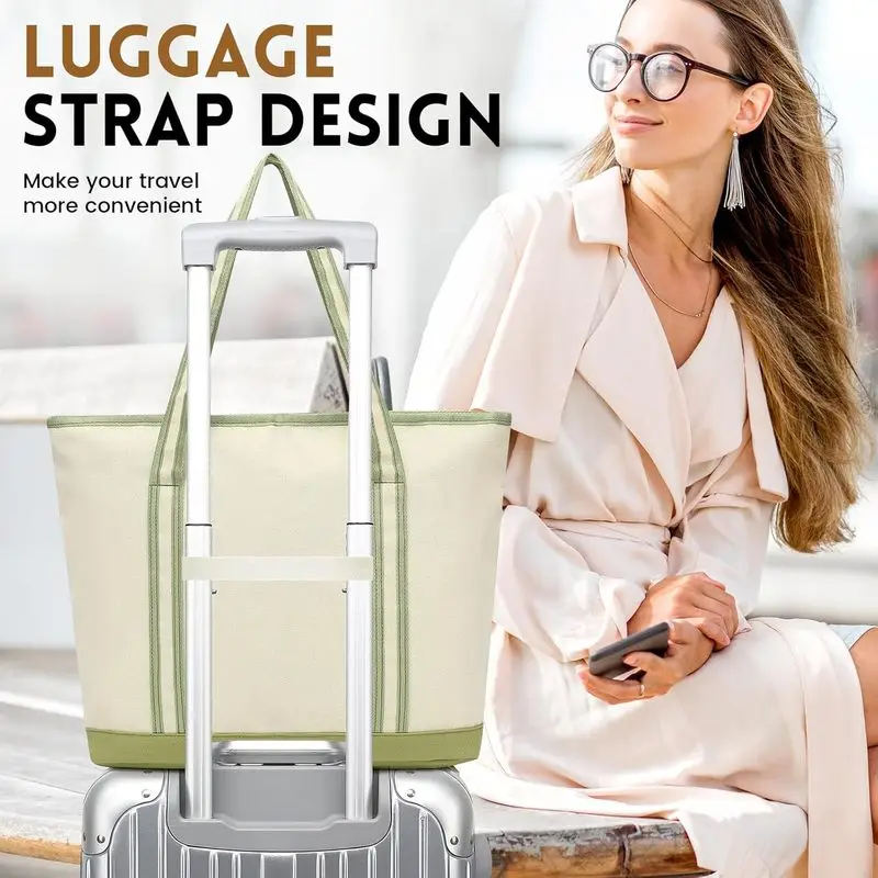 حقيبة كبيرة من القماش للنساء، حقيبة شاطئ بسحاب، حقيبة حمل متعددة الاستخدامات مع 3 جيوب أمامية، حقيبة لحمام السباحة في عطلة نهاية الأسبوع