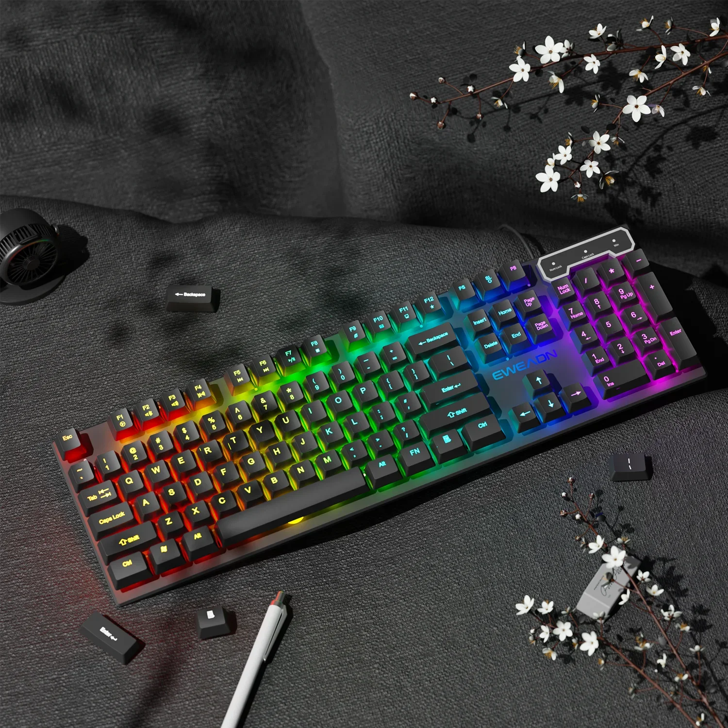 EWEADN GX30Z Gaming Keyboard 104 Keys LED Rainbow Backlit Silent Wired Mechanical Keyboard Ergonomic for Office Laptop PC Gamer