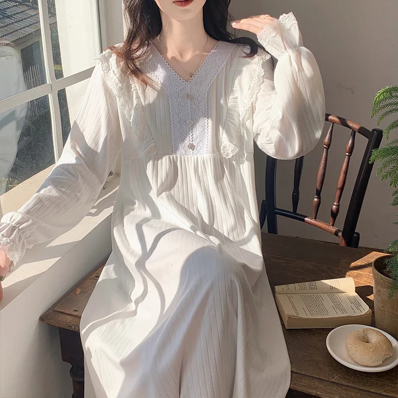 

Korea Style Women's Nightdress Solid Lace Patchwork Long Sleeve Ladies Spring Autumn Nightgown Button Design Homewear for Female