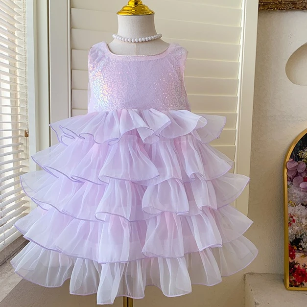 Vestido Infantil Feminino 2026 Primavera Verão Novo Estilo Coreano para Meninas Bebês Liu Glitter Peng Peng Cake Vestido de Princesa
