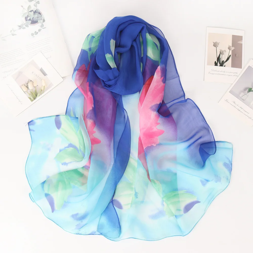 

160*50cm Long Wraps Beach Sunscreen Scarves Silky Georgette Thin Soft Chiffon Rose Flower Scarf Shawls Hijab head wrap for women