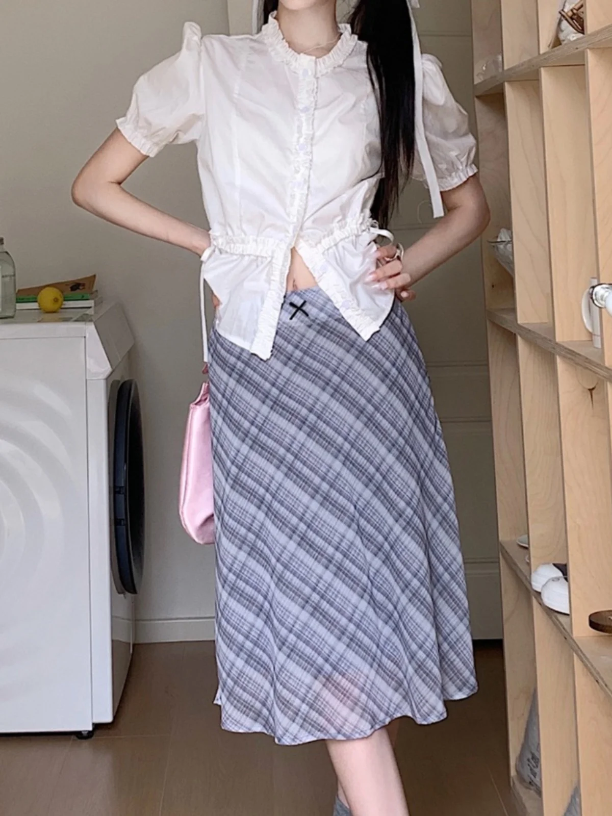 

Ele Midi Chiffon Skirt for Women Korean Sle High Waist Plaid Patchwork Sweet Knot A-Line Skirt Polyester Fiber