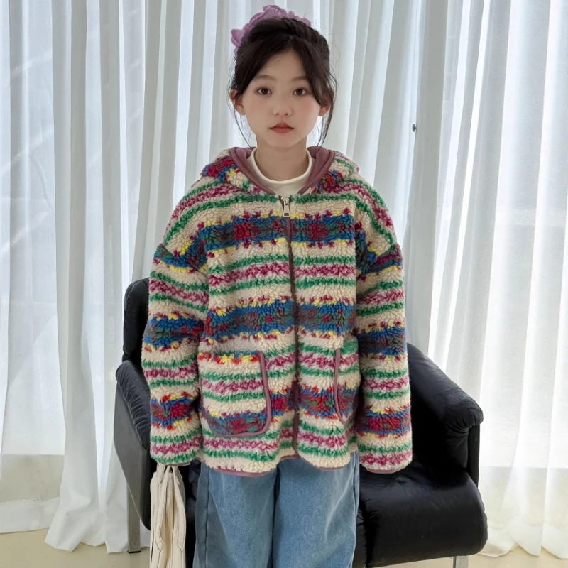 

2025 Winter Girl's Hot Selling New Colorful Striped Lamb Fleece Warm and Cold Proof Coat