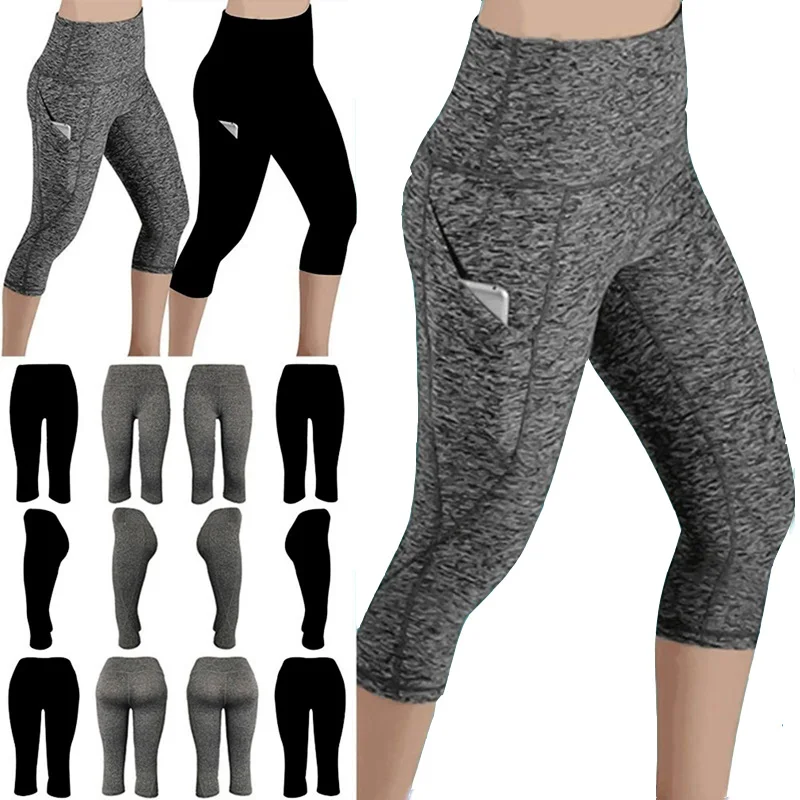 Calça Capri feminina casual, leggings esportivas, calça de cintura alta, bolsos laterais, fitness, 3/4