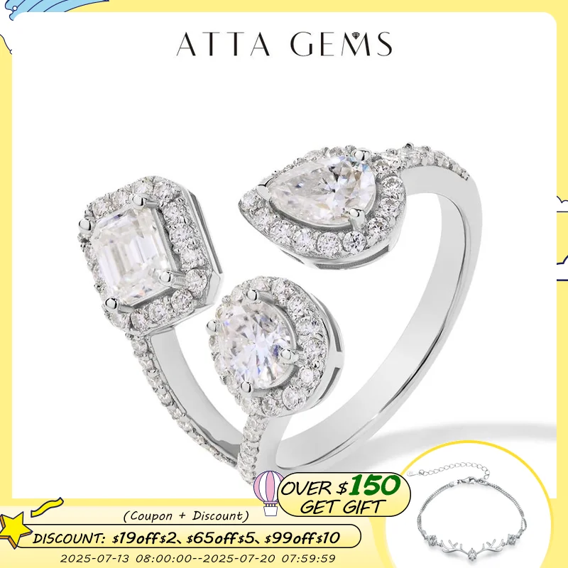 

ATTAGEMS 1.85CTW Oval Pear Emerald Cut Lab Moissanite Diamond Rings for Women Solid 925 Sterling Silver Adjustable Fine Jewelry