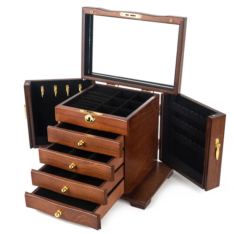 Vintage Solid Wood Jewelry Box Large Mirror Lockable Organizer Anti-Oxidation Storage Wedding Gift for Women
