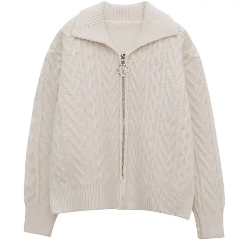 

2022 New Sweater White Zipper Hemp Pattern Road Sweater Knitted Cardigan Coat Women's Autumn and Winter Loose Top