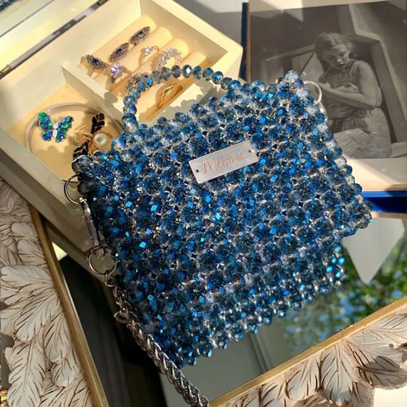 Customized Wholesale Box Totes Handbag Blue Crystal Bead Shiny Wholesale Glass Bead Top-Handle Bags Party Small Bucket Purse