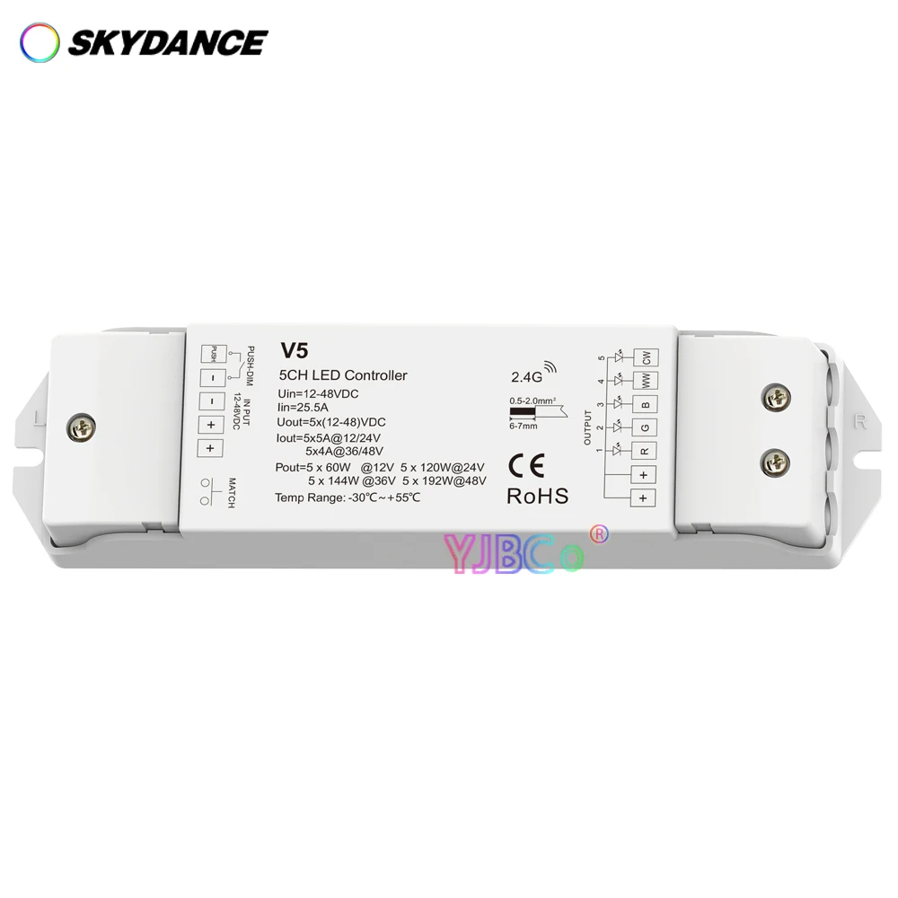 

Skydance 5 Channel RGB+CCT LED strip Controller V5 5CH*5A 12-48V 24V RF 2.4G remote control Push Dim dimmer Auto-transmitting