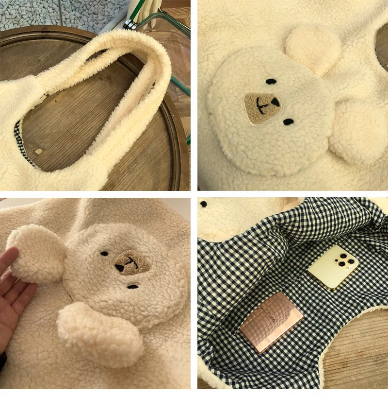 2022 nuova borsa per capelli di agnello invernale per donna borsa a tracolla in peluche con stampa orso 3D borse e portamonete da donna di grande