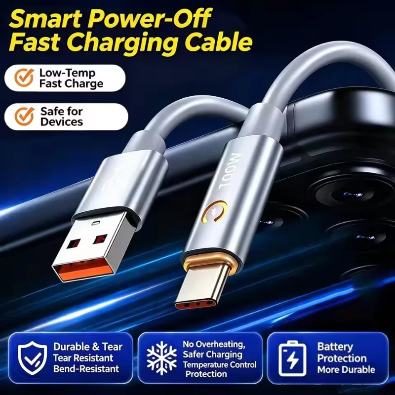 100W Data Line Super Fast Charging USB To Type-C Cable Silicone Gel Type‑C Charger Data Transfer Smart Automatic Power‑Off Cable