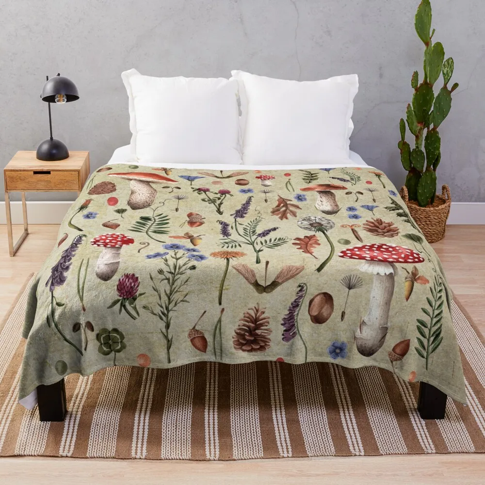 Retro botanical mushrooms, wildflowers d??cor, neutral colors floral design Throw Blanket Hairy Sleeping Bag Polar Blankets