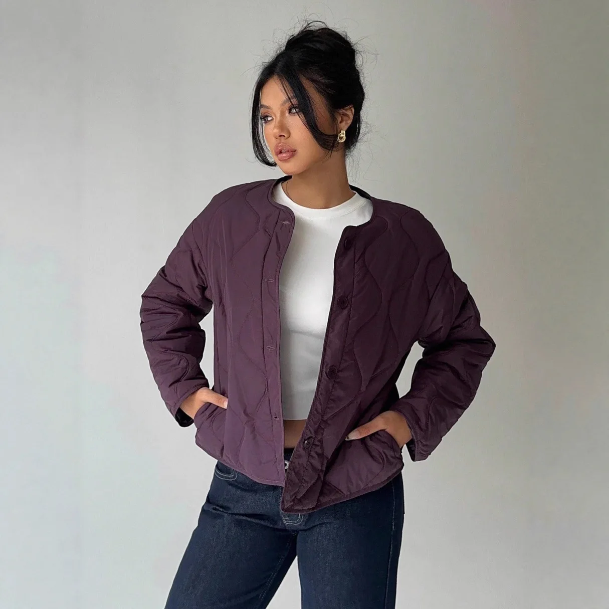 

Женская одежда 2025 года, зимняя стильная свободная повседневная хлопковая куртка с круглым вырезом и длинными рукавами для женщин