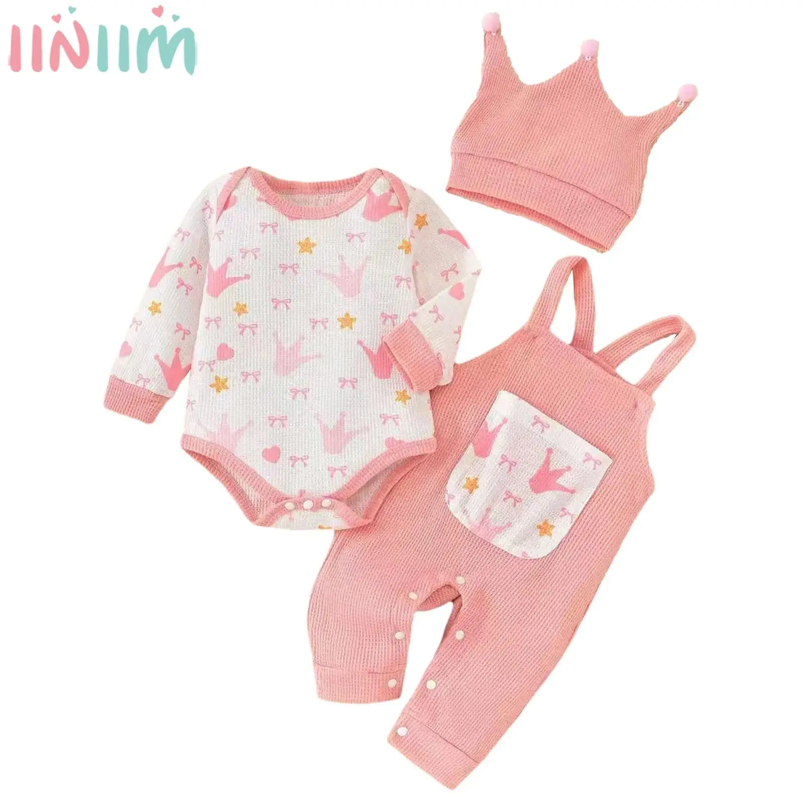 

Baby Boys Girls Cute Printed Outfit Long Sleeve Button Crotch Romper with Overalls Hat Birthday Party Photography Costume Set