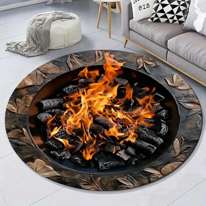 3D Vision Fire Pit Rug Anti-slip Living Room Decoration Round Carpet Waterproof Rugs for Bedroom Washable Bedside Creative Mat