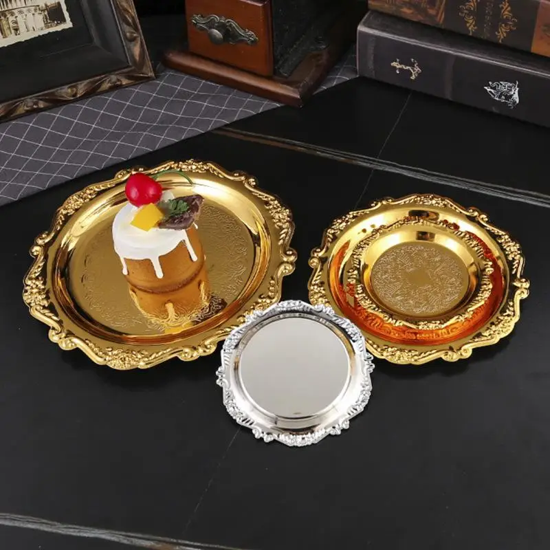Retro Luxury Stainless Steel Plates Cake Dessert Tray High Tea Snack Fruit Dish Jewelry Storage Tabletop Decor Home Supplies