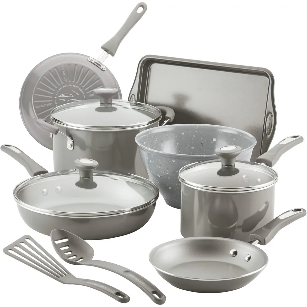 

Получите готовить! Набор кастрюль и сковородок с антипригарным покрытием, включает сковороды и инструменты для приготовления пищи, 12 предметов — серый