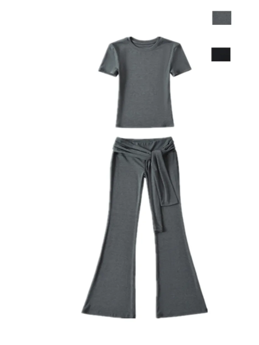 

Сексуальная облегающая круглая футболка Ne с поясом на талии, узкие джинсы, комплект из двух предметов, однотонный модный повседневный женский наряд