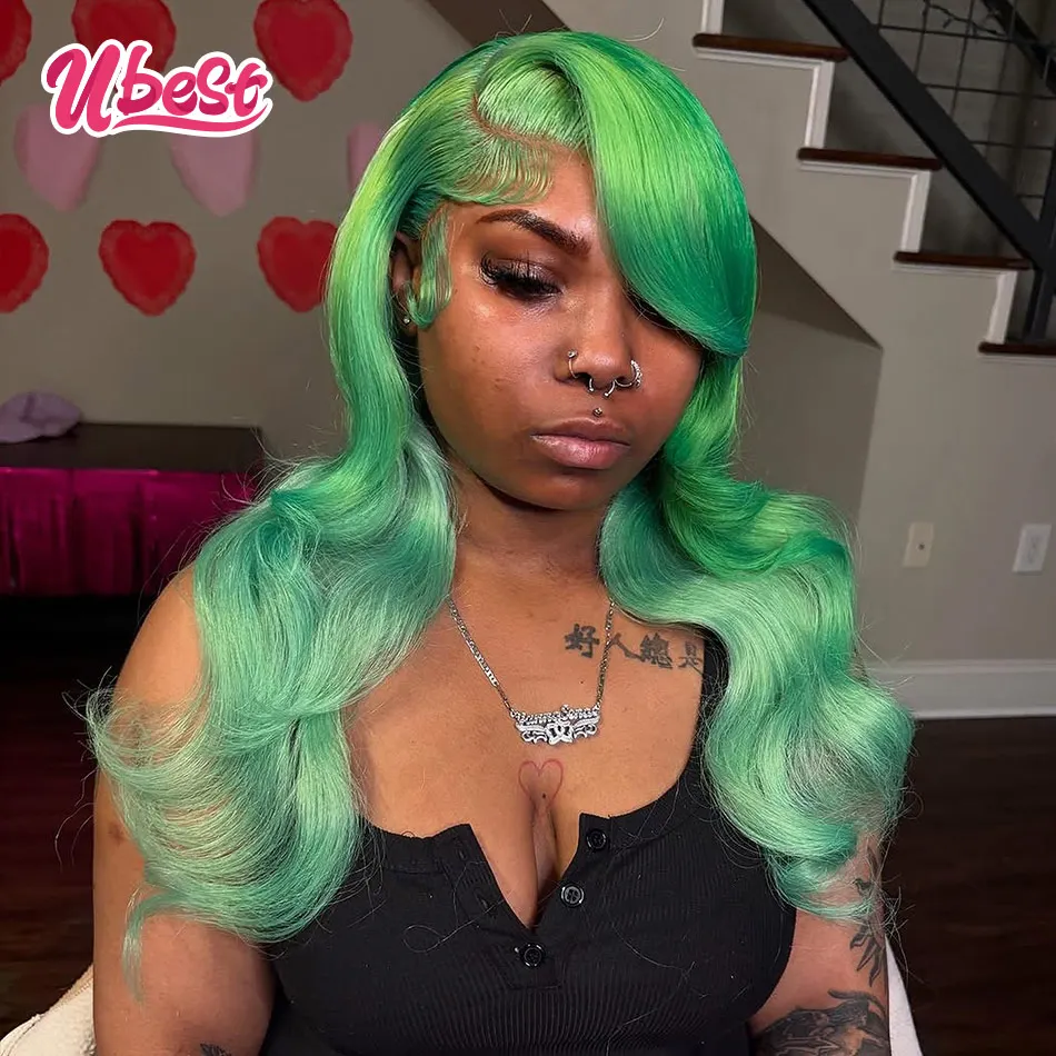 

Light Green Colored Body Wave 13x6 13x4 Lace Front Wigs Brazilian 100％ Human Hair Transparent Glueless Wig Pre Plucked For Women