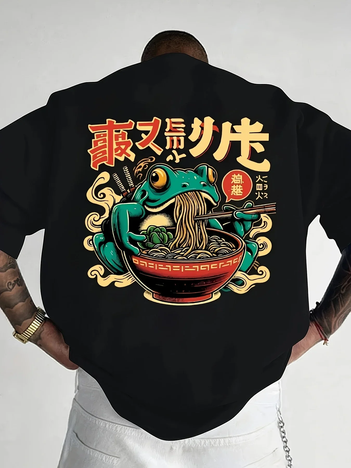 Classic Japanese Ukiyo-e Art Frog Eating Ramen Kanji Print Men's 100% Cotton T-shirt Casual O-neck Short Sleeve Streetwear Tops