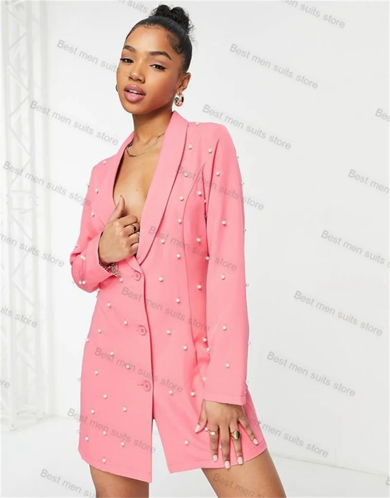 Hot Pink Pearls Women Suits 1 Piece Blazer Formal Office Lady Sexy V Neck Jacket Coat Prom Dress Wedding Tuxedo Custom Made