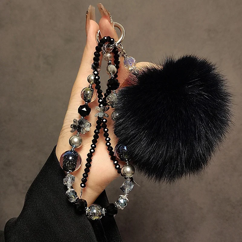 

Роскошный ремешок для телефона с подвеской в виде звездного хрустального шарика и мехового помпона из лисьего меха, высококачественный короткий шнурок для женщин на осень-зиму