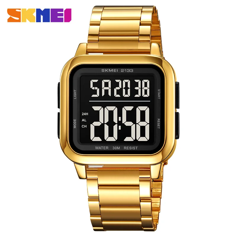 

SKMEI Mens Digital Watch Stainless Steel Sport Countdown Stopwatch Wristwatch Fashion Electronic Movement Luxury Clock