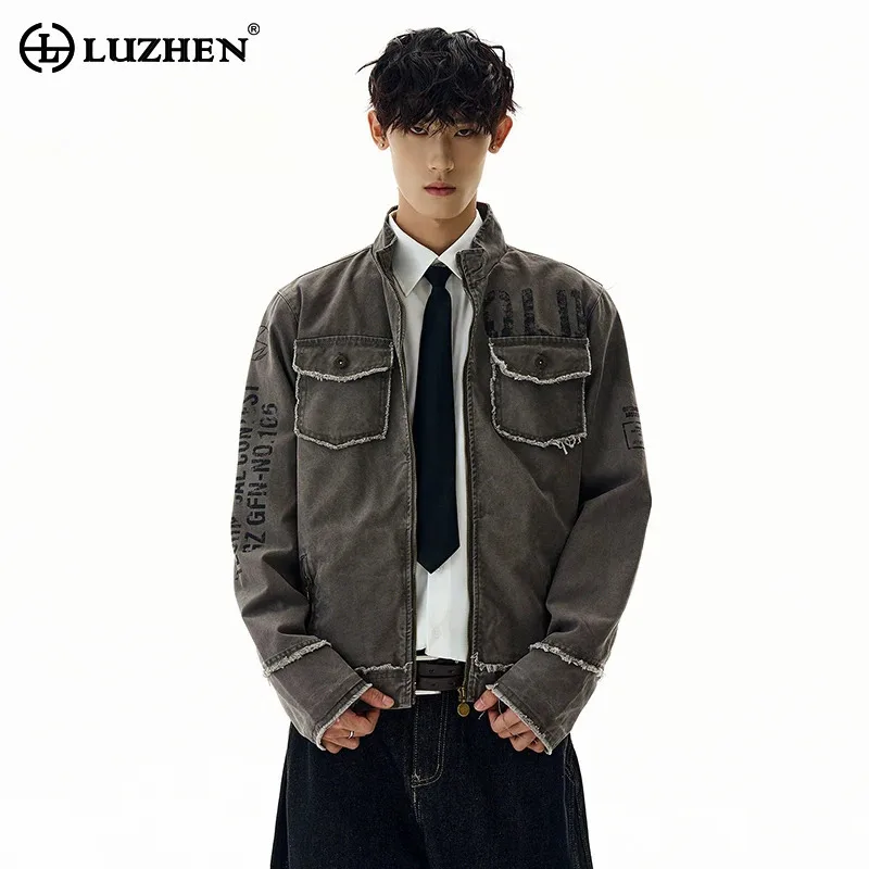

LUZHEN Original Vintage Stand Collar Pockets Decorate Casual Jacket Men 2025 Autumn Burr Edge Handsome Elegant Male Coat JY3800