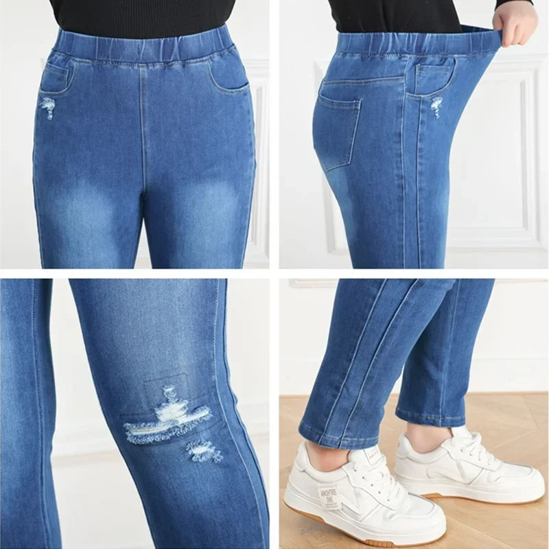 Jeans de cintura alta rasgada para mulheres, calças jeans para meninas, calças de lápis esticadas femininas extragrandes, slim fit, 5XL, 6XL, 7XL, 8XL, 9XL, plus size