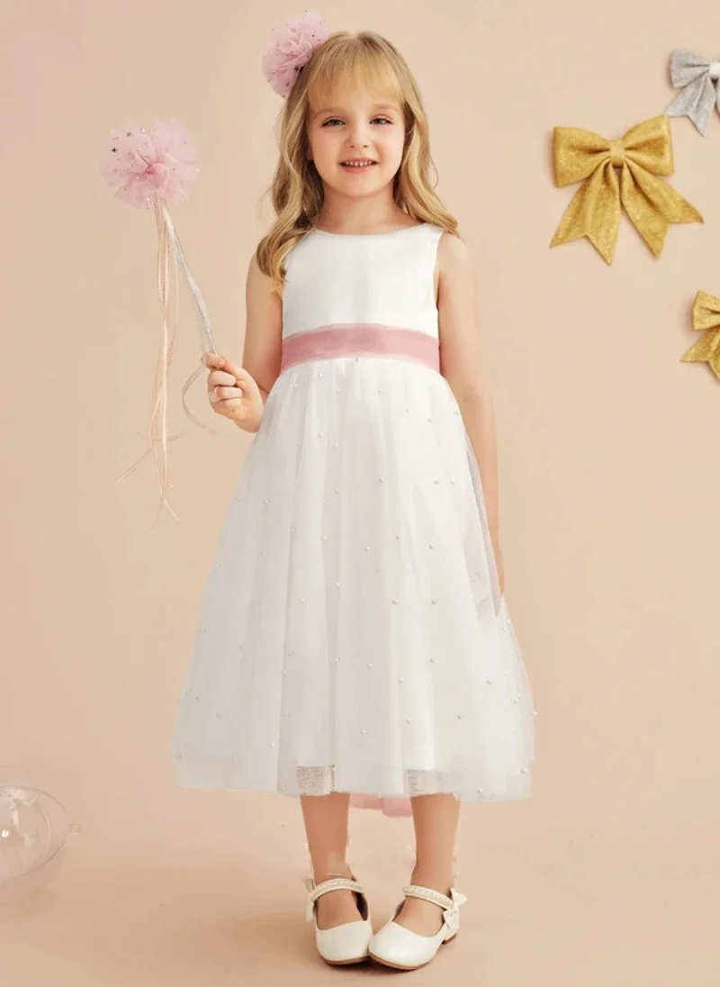 Vestido elegante com arco para florista, comprimento de chá, tule, pérolas, festa, batismo, primeira comunhão, criança, crianças, bebê