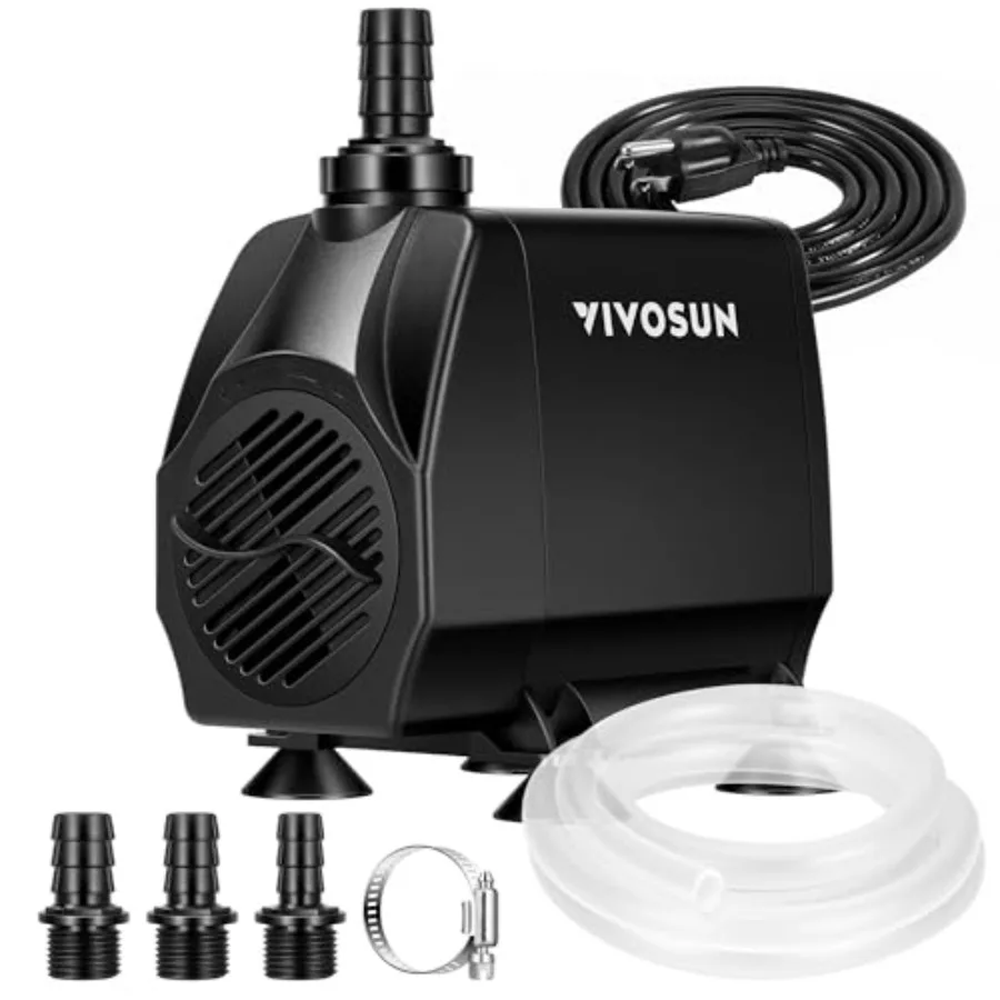 

1050 GPH 100W Submersible Water Pump Quiet Fountain Pump With 13.1 ft Head Lift 6.6 ft Power Cord 3 Nozzles Tubing and 2 Clamps