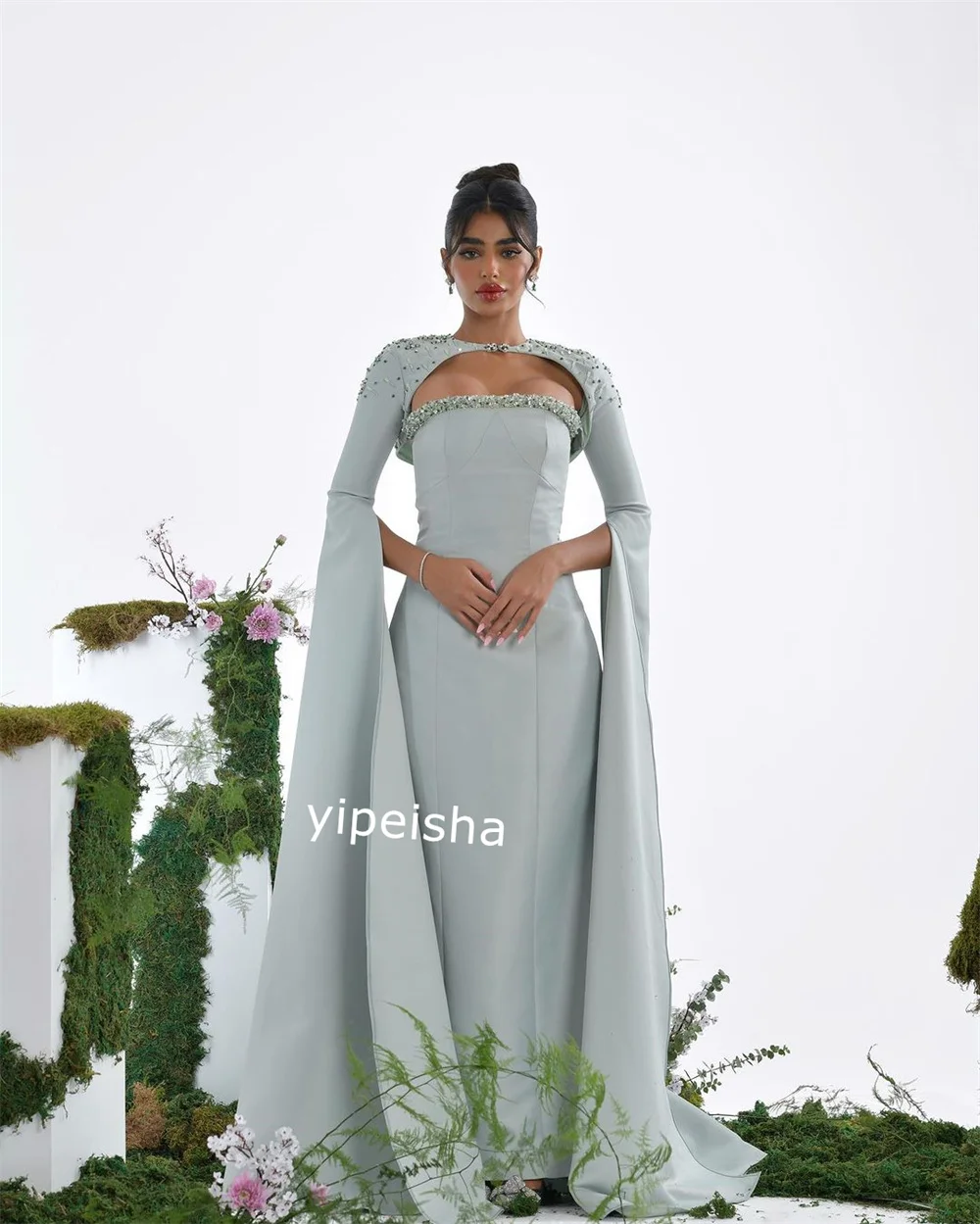 Jiayigong     Satin Beading Christmas A-line O-Neck Bespoke Occasion Gown Long es Saudi Arabia