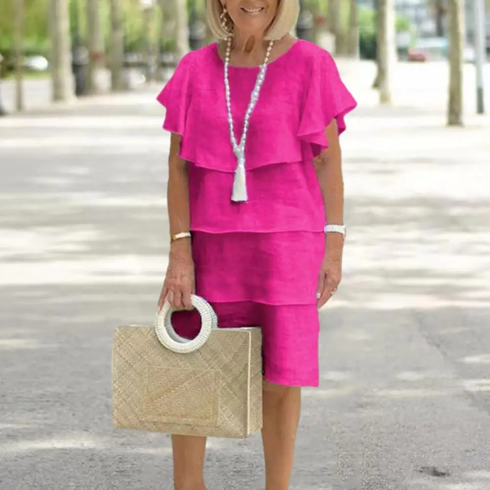 فستان نسائي متوسط الطول وأكمام مكشكشة ورقبة دائرية بلون سادة فستان ميدي للسيدات على طراز OL فستان شاطئ فضفاض غير رسمي للسيدات