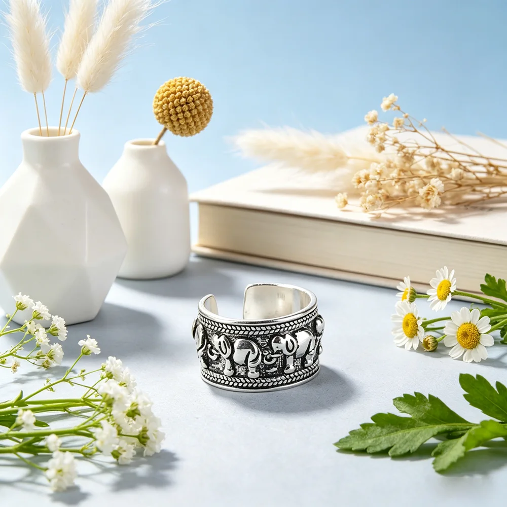 925 Sterling Silver Indian Stylish Wide Band Rings Old Fashion Elephant Painting Opening Adjustable Finger Accessories