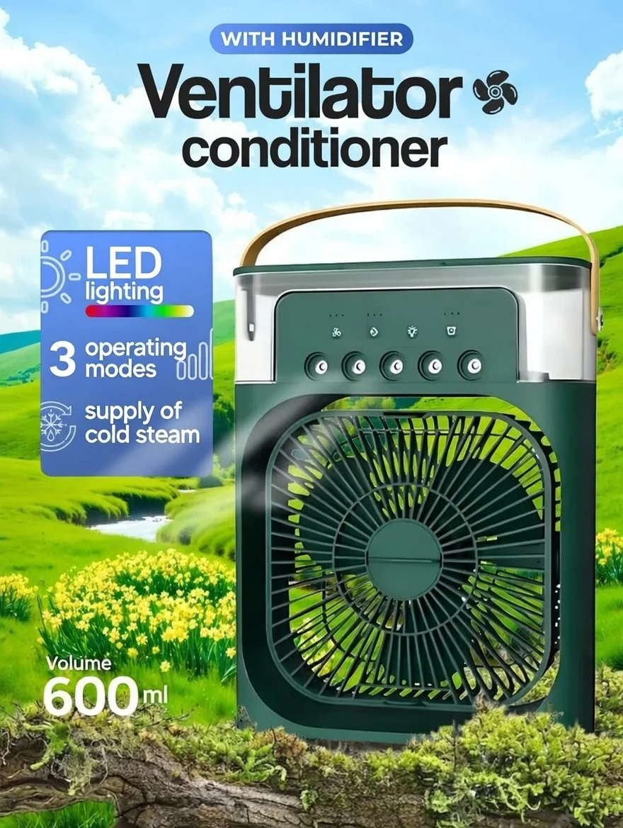 

Многофункциональный охлаждающий вентилятор-увлажнитель 600 мл с 5 распылителями, 3 скоростями ветра, 7 цветами LED-подсветки, USB-зарядкой, бесшумный, портативный