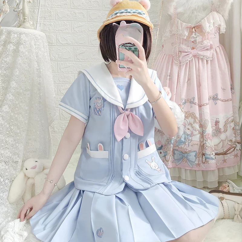 Japanese Style JK Uniform Sailor Collar Cartoon Blue White Color Matching Long Short Sleeve Pocket Top Skirt Embroidery Set Girl