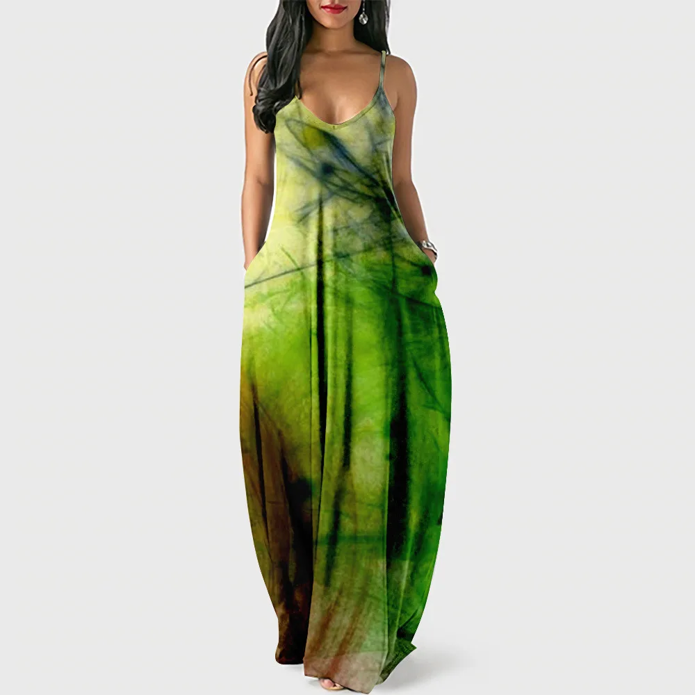 

2022 Summer New Female Elegant Suspender Dress Luxury Sexy Vintage Party Green Print Long Dresses