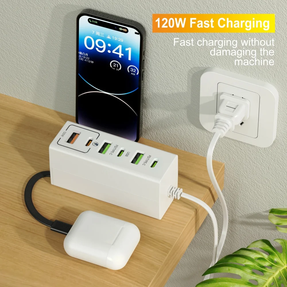 120W Type C USB Phone Charger Fast Charging Multi Ports Mobile Phone Power Adapter For Samsung Huawei iPhone Xiaomi Quick Charge