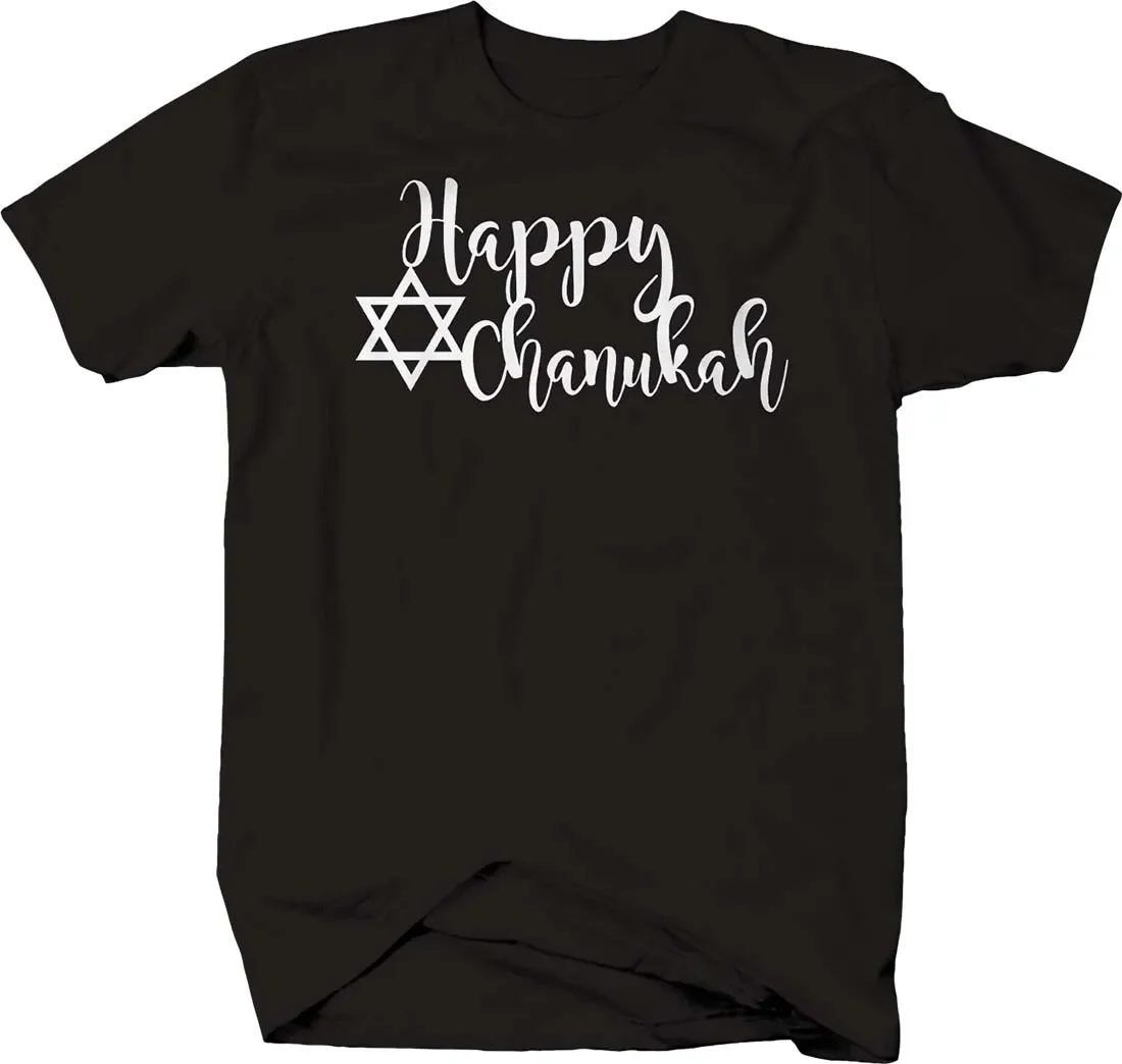 

Happy Chanukah Cursive Judaism Holiday Religion Star of David T-Shirt. Summer Cotton Short Sleeve O-Neck Mens T Shirt New S-3XL