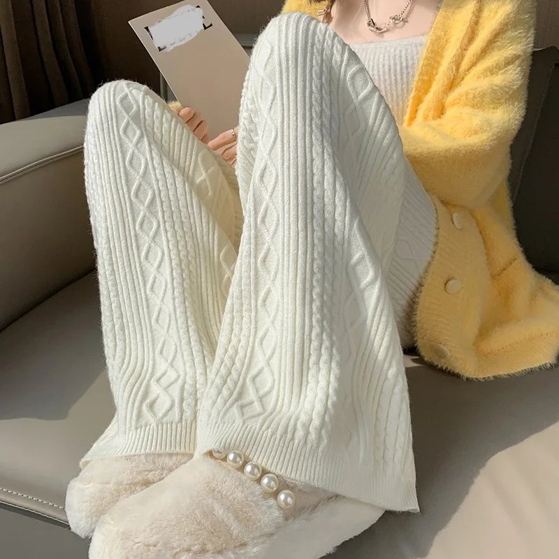 

2023 Autumn and Winter New Vintage Thickened Loose Drawstring Knitted Wide Leg Pants Floor Slam Pants for Women