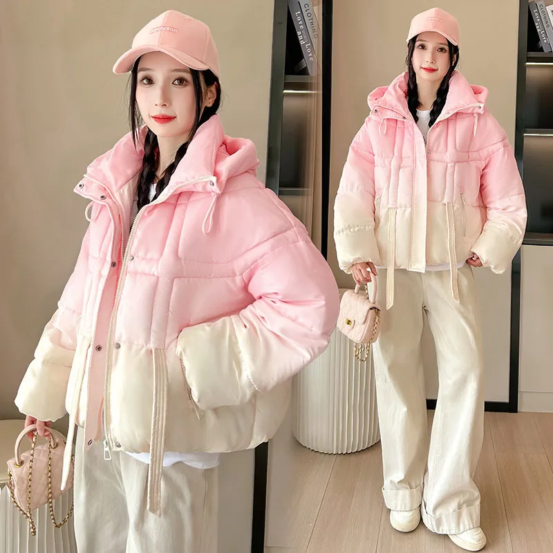 Abrigo 2025 nuevo invierno cálido con capucha mujer chaqueta acolchada de algodón Color degradado suelto grueso moda abajo Chaqueta de algodón para mujer H685
