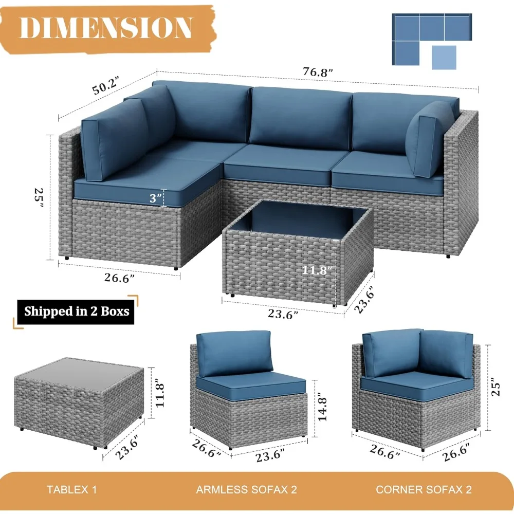 5 Piece Outdoor Patio Furniture Set, PE Rattan Conversation Sofa Set with Thick Cushions & Glass Top Coffee Table, All-Weather
