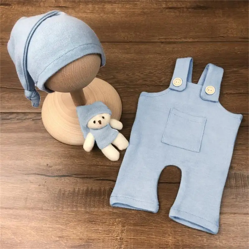 57QE Newborn Baby Photography Clothing Set Solid Color Overalls Romper with Long Tail Hat Bear for Doll Photo Props Costume