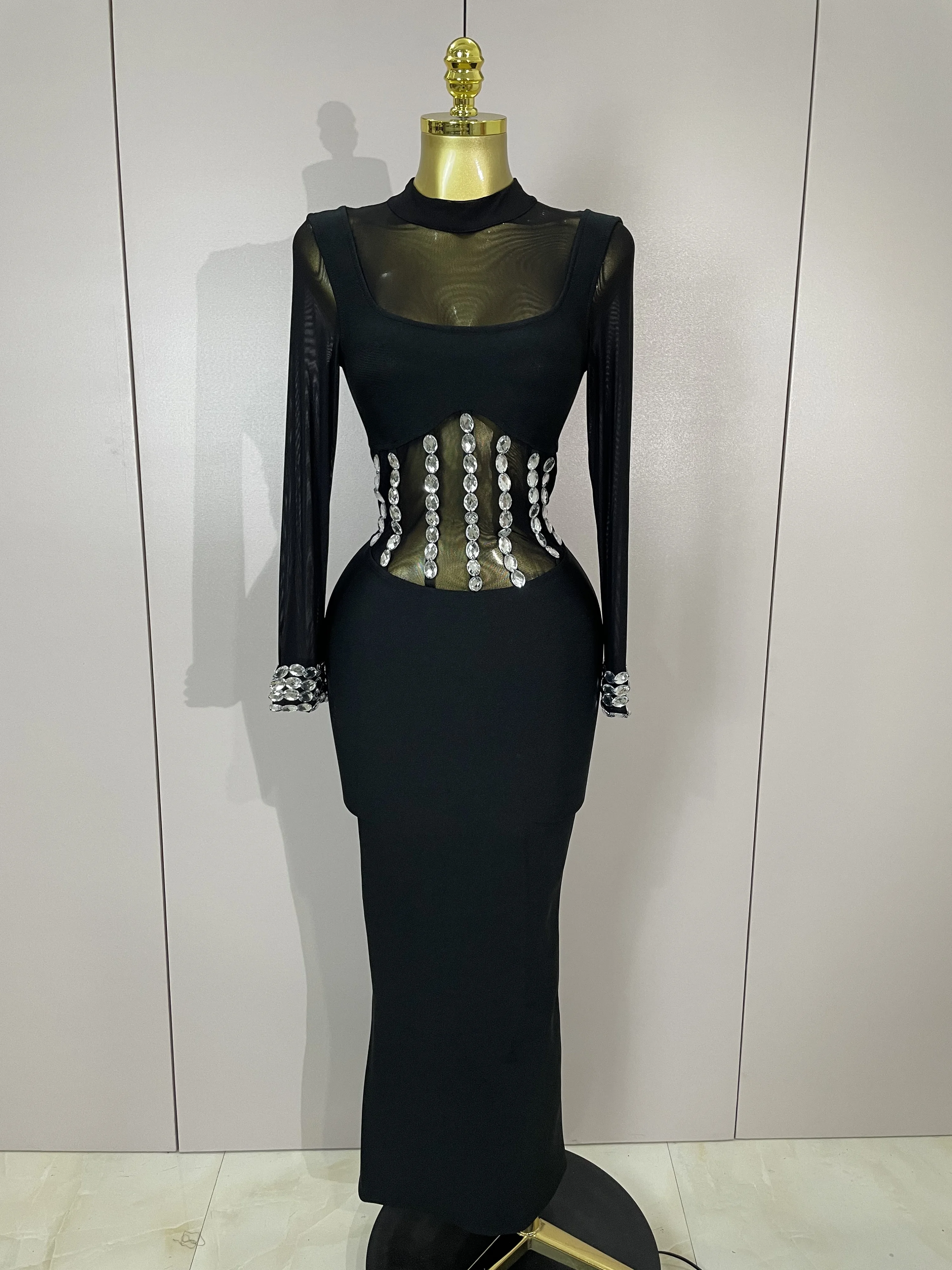 

Women Sparkling Rhinestone Sexy Black Mesh Long Bandage Dress 2025New Luxury Birthday Celebrity Elegant Evening Party Club Gowns