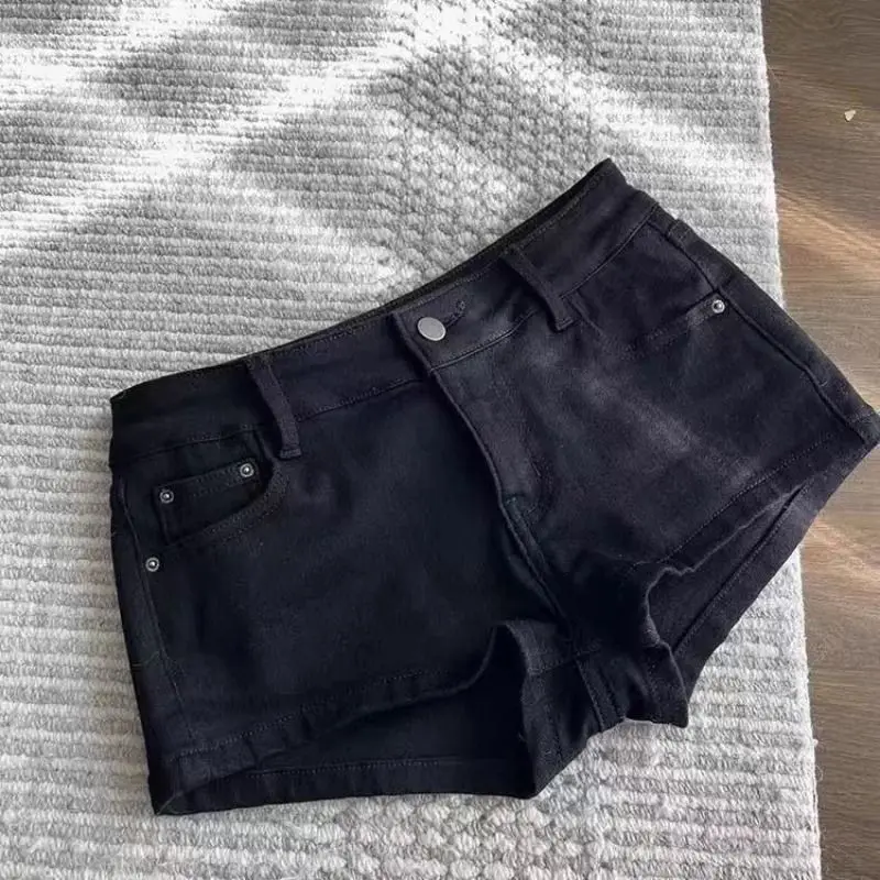 Retro Spice Girl Black Denim Shorts Women's New Elastic Low Waist Skinny A-Word Hip Wrap Hot Pants Y2k Shorts
