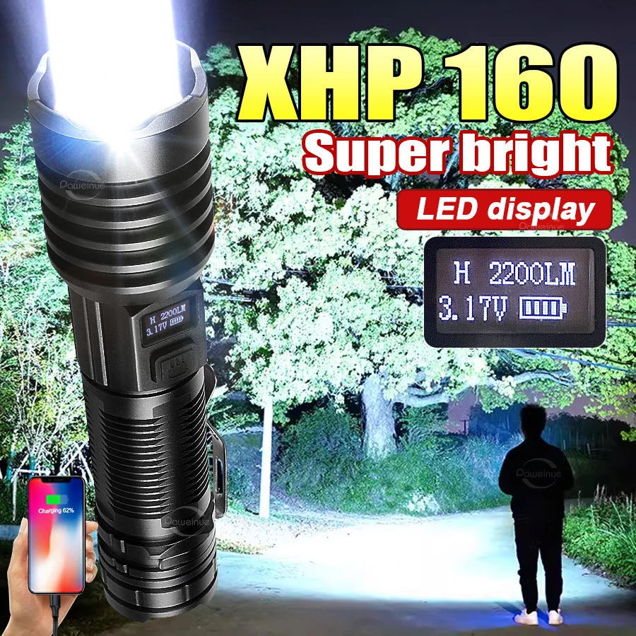 XHP160 عالية الطاقة مصباح ليد جيب السوبر مشرق الشعلة USB قابلة للشحن التكبير مشاعل مصابيح التخييم في الهواء الطلق الفوانيس التكتيكية