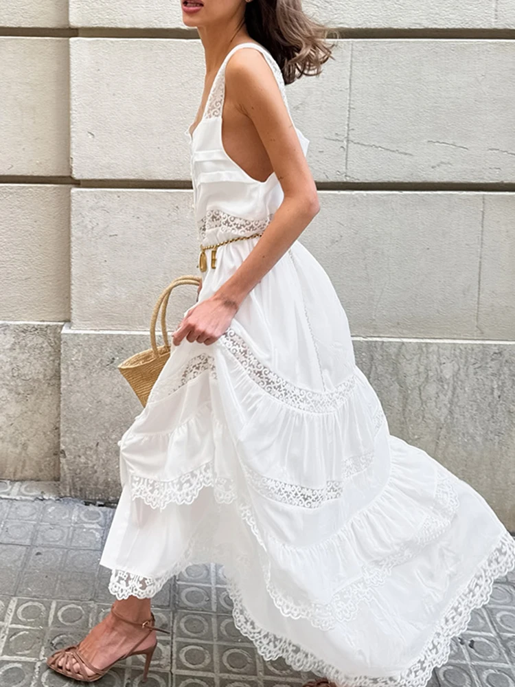 Causal sem mangas plissado praia férias vestido senhora cintura alta cor sólida vestido de noite verão rendas oco para fora bohe maxi vestido