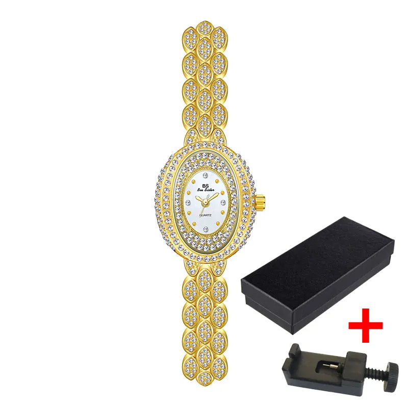 Korean Version Retro Oval Dial Gold Silver Full Diamond Women's Watch Elegant Chain Quartz Waterproof Brand Womens Watch