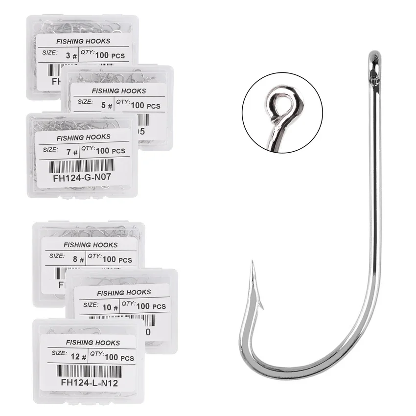 100pcs Silver Hooks High Carbon Steel Big Long Shank Fishing Hooks Sea Pint Hook Fishhook Set with Eyes Barb Fishing Accessories