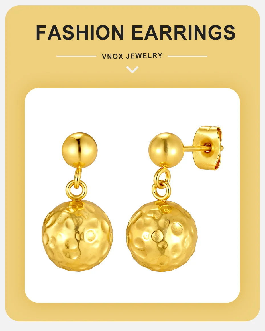 Vnox Minimalistische Vergoldete Perlenohrringe für Damen, Edelstahl Ohrringe mit gehämmerter Kugel, Statement-Ohrringe für den Alltag. – Detail 1